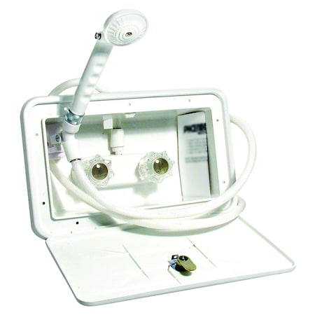 Valterra EXTERIOR SHOWER BOX WITH 59IN VINYL HOSE, 1/4 TURN, PLASTIC, WHITE PF266201